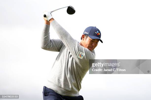 Byeong Hun An of South Korea tees off on the 5th hole during Day Four of the Genesis Scottish Open at The Renaissance Club on July 16, 2023 in United...