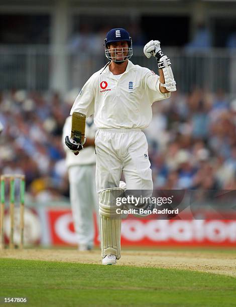 Michael Vaughan of England celebrates his century during the first day of the NPower Fourth Test match between England and India on September 5, 2002...