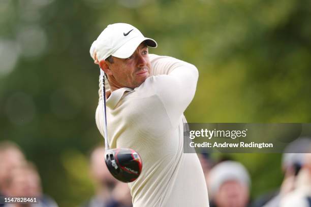 Rory McIlroy of Northern Ireland tees off on the 4th hole during Day Four of the Genesis Scottish Open at The Renaissance Club on July 16, 2023 in...