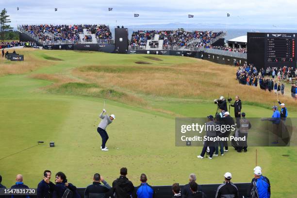 Scottie Scheffler of the United States tees off on the 6th hole during Day Four of the Genesis Scottish Open at The Renaissance Club on July 16, 2023...