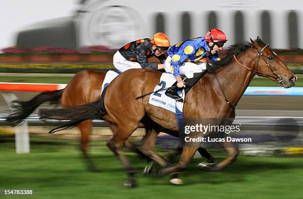Michael Rodd riding Its Crunch Time wins the Essendon Mazda 55 Second Challenge Heat 3 race during the Manikato Stakes Night at Moonee Valley...