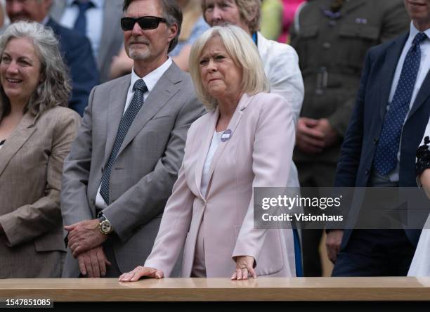 Former tennis player and television presenter Sue Barker in the royal box following the women's singles final between Marketa Vondrousova of Czech...