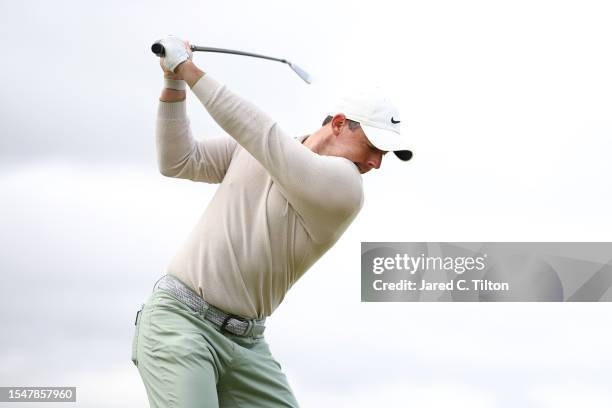 Rory McIlroy of Northern Ireland tees off on the 5th hole during Day Four of the Genesis Scottish Open at The Renaissance Club on July 16, 2023 in...