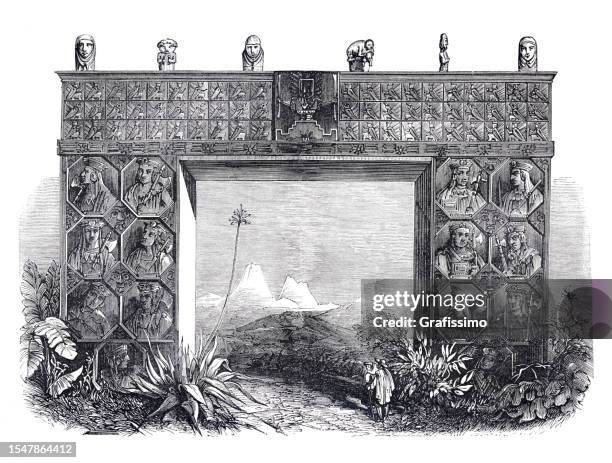 stockillustraties, clipart, cartoons en iconen met the gate of the sun at tiahuanacu bolivia engraving 1853 - ruïnes van tiahuanaco
