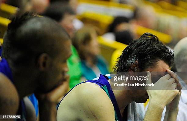 Russell Hinder of the Crocodiles looks dejected during the round four NBL match between the Townsville Crocodiles and the Sydney Kings at Townsville...