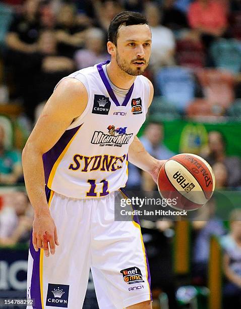 Aaron Bruce of the Kings dribbles the ball during the round four NBL match between the Townsville Crocodiles and the Sydney Kings at Townsville...