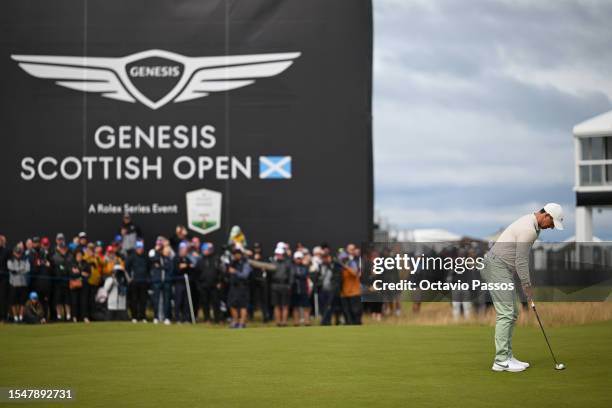 Rory McIlroy of Northern Ireland putts on the 5th green during Day Four of the Genesis Scottish Open at The Renaissance Club on July 16, 2023 in...