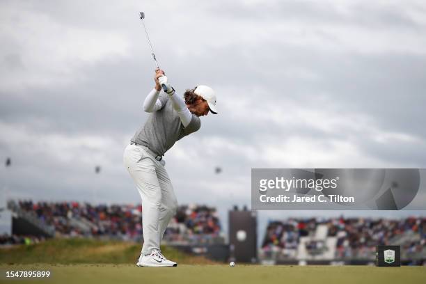 Tommy Fleetwood of England tees off on the 6th hole during Day Four of the Genesis Scottish Open at The Renaissance Club on July 16, 2023 in United...