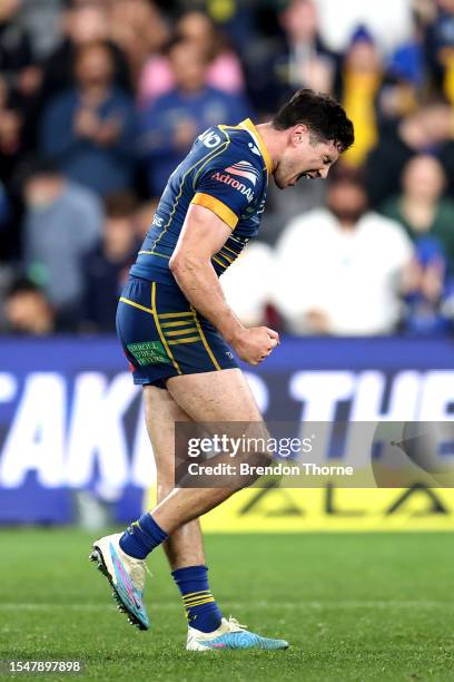 Mitchell Moses of the Eels celebrates at full time during the round 20 NRL match between Parramatta Eels and Gold Coast Titans at CommBank Stadium on...