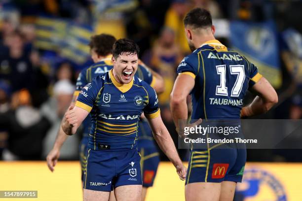 Mitchell Moses of the Eels celebrates at full time during the round 20 NRL match between Parramatta Eels and Gold Coast Titans at CommBank Stadium on...