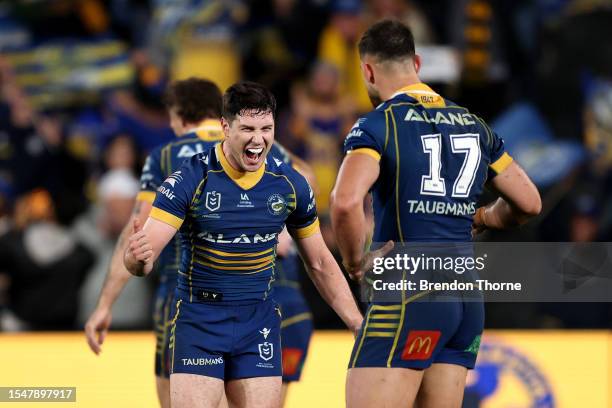 Mitchell Moses of the Eels celebrates at full time during the round 20 NRL match between Parramatta Eels and Gold Coast Titans at CommBank Stadium on...