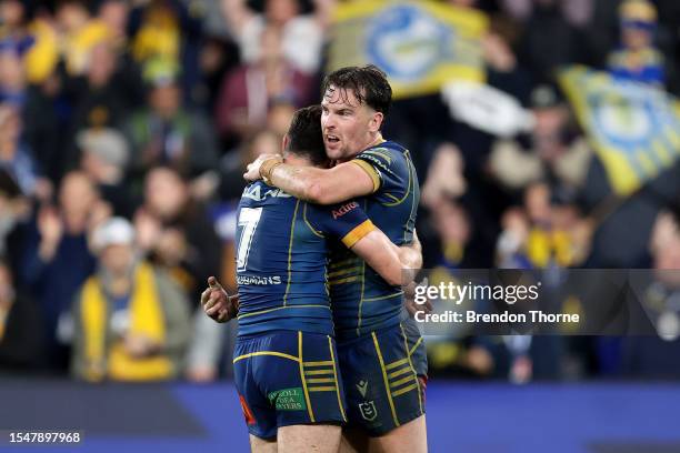 Mitchell Moses and Clint Gutherson of the Eels celebrate at full time during the round 20 NRL match between Parramatta Eels and Gold Coast Titans at...