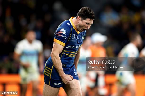 Mitchell Moses of the Eels reacts after successfully kicking a try conversion during the round 20 NRL match between Parramatta Eels and Gold Coast...