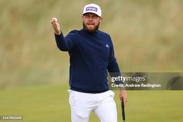 Tyrrell Hatton of England reacts on the 10th hole during Day Four of the Genesis Scottish Open at The Renaissance Club on July 16, 2023 in United...
