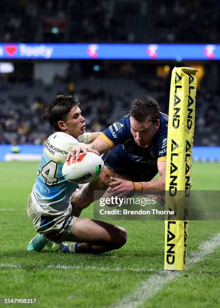 Clint Gutherson of the Eels scores a try during the round 20 NRL match between Parramatta Eels and Gold Coast Titans at CommBank Stadium on July 16,...