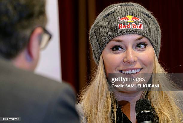 Women's alpine ski racer Lindsey Vonn attends a media talk on October 26, 2012 on the eve of the Woman's Giant slalom at the FIS World Cup in...