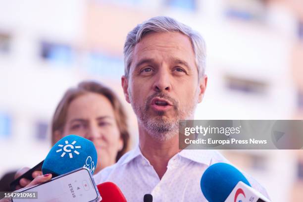 The number one candidate of the PP for Seville to the Congress of Deputies, Juan Bravo, attends the media during media attention in the town of Dos...