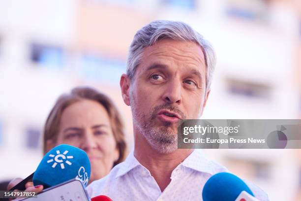 The number one candidate of the PP for Seville to the Congress of Deputies, Juan Bravo, attends the media during media attention in the town of Dos...