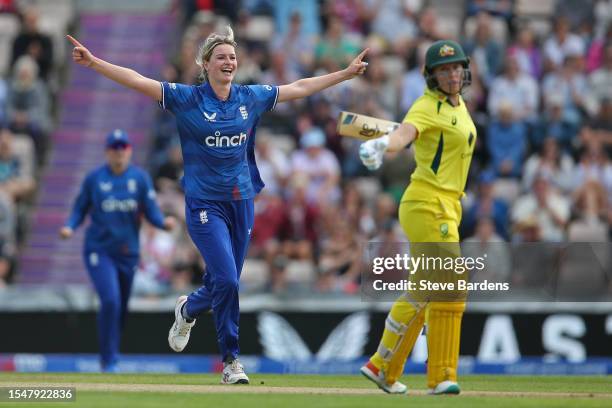 Lauren Bell of England celebrates after taking the wicket of Alyssa Healy of Australia during the Women's Ashes 2nd We Got Game ODI match between...