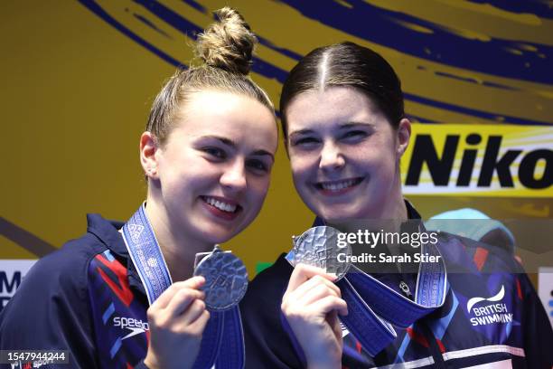 Silver medalists Andrea Spendolini Sirieix and Lois Toulson of Team Great Britain pose during the medal ceremony for the Women's Synchronised 10m...