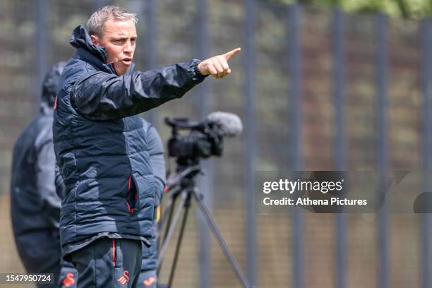 Michael Duff Manager of Swansea City gives instructions during a pre-season friendly match between Swansea City and Swindon Town at the Fairwood...