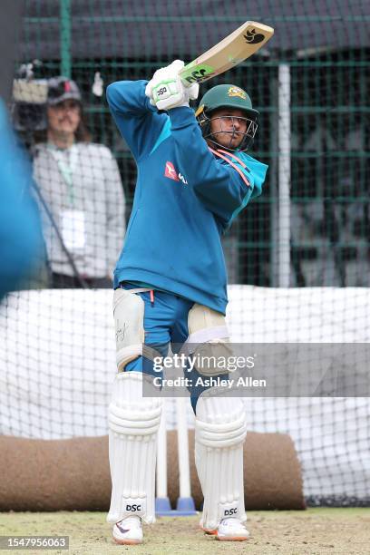 Usman Khawaja of Australia bats during Australia's Nets and training session at Emirates Old Trafford on July 16, 2023 in Manchester, England.