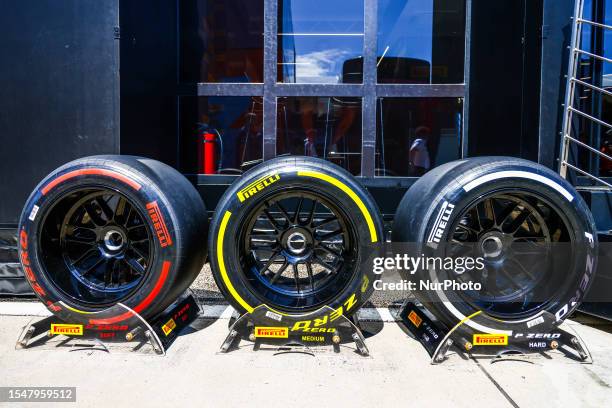 Soft, medium and Hard Pirelli tyres are seen ahead of the F1 Grand Prix of Hungary at Hungaroring on July 22, 2023 in Budapest, Hungary.