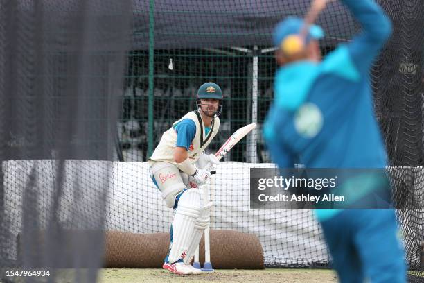 Travis Head of Australia bats during Australia's Nets and training session at Emirates Old Trafford on July 16, 2023 in Manchester, England.