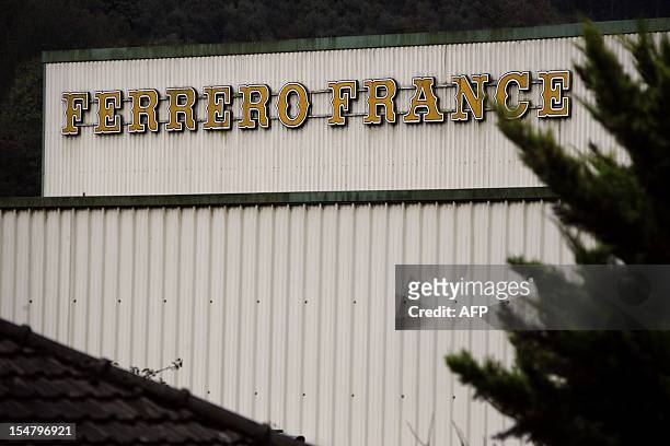 Picture takenon October 26, 2012 in Villers-Ecalles of the facade of Ferrero plant where the Nutella chocolate hazelnut is made. AFP PHOTO/CHARLY...