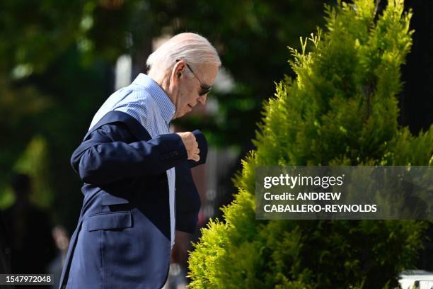 President Joe Biden arrives to attend Mass at Holy Trinity Catholic Church in the Georgetown neighborhood of Washington, DC, on July 22, 2023.