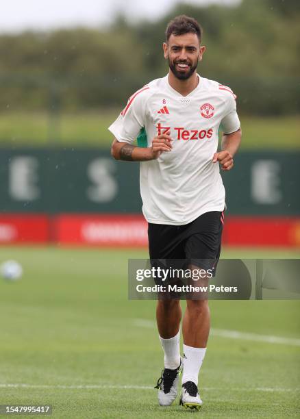 Bruno Fernandes of Manchester United arrives ahead of a pre-season training session at Carrington Training Complex on July 15, 2023 in Manchester,...