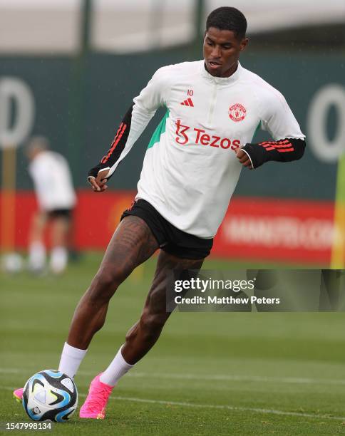 Marcus Rashford of Manchester United arrives ahead of a pre-season training session at Carrington Training Complex on July 15, 2023 in Manchester,...