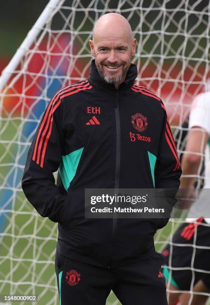 Manager Erik ten Hag of Manchester United arrives ahead of a pre-season training session at Carrington Training Complex on July 15, 2023 in...