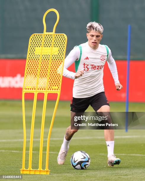 Alejandro Garnacho of Manchester United arrives ahead of a pre-season training session at Carrington Training Complex on July 15, 2023 in Manchester,...