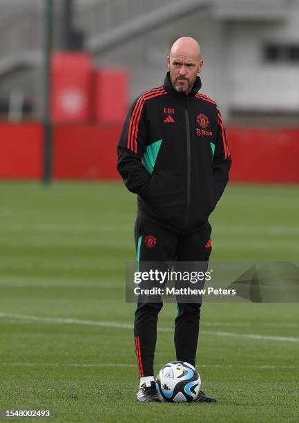 Manager Erik ten Hag of Manchester United arrives ahead of a pre-season training session at Carrington Training Complex on July 15, 2023 in...