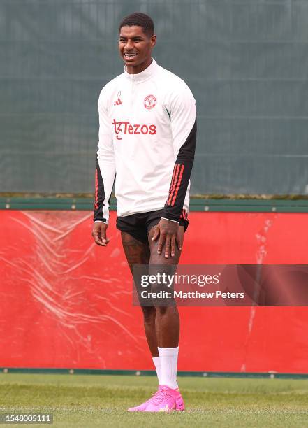 Marcus Rashford of Manchester United arrives ahead of a pre-season training session at Carrington Training Complex on July 15, 2023 in Manchester,...