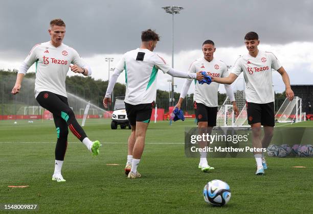 Scott McTominay, Mateo Mejia, Sonny Aljofree of Manchester United arrives ahead of a pre-season training session at Carrington Training Complex on...