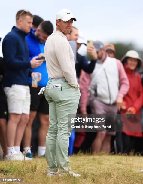 Rory McIlroy of Northern Ireland looks on from the edge of the 9th green during Day Four of the Genesis Scottish Open at The Renaissance Club on July...