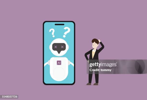 bildbanksillustrationer, clip art samt tecknat material och ikoner med ai chatbot error, technology glitch and mistake, virtual assistant concept - misstag