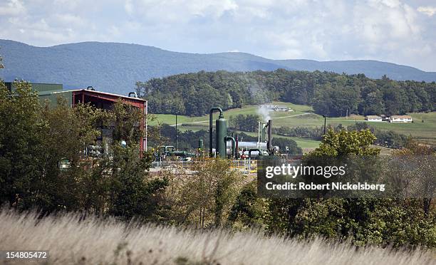 Natural gas compressor station sits on a hillside September 9, 2012 in Penn Township, Pennsylvania. The area is situated above the Marcellus Shale...