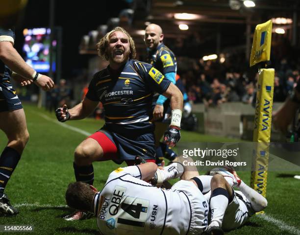 Andy Goode of Worcester celebrates after scoring a try during the Aviva Premiership match between Worcester Warriors and Sale Sharks at Sixways...