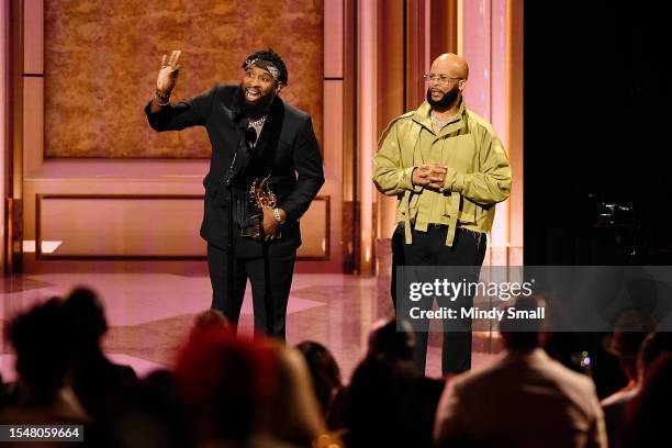 Pastor Mike Jr. With James Fortune accepts the Song of the Year Award onstage during the 38th annual Stellar Gospel Music Awards at the Orleans Arena...