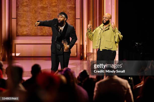 Pastor Mike Jr. With James Fortune accepts the Song of the Year Award onstage during the 38th annual Stellar Gospel Music Awards at the Orleans Arena...