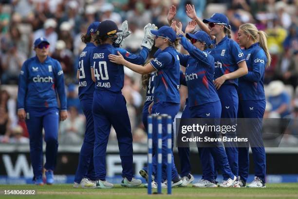 Sarah Glenn of England celebrates with her team mates after taking the wicket of Tahlia McGrath of Australia during the Women's Ashes 2nd We Got Game...