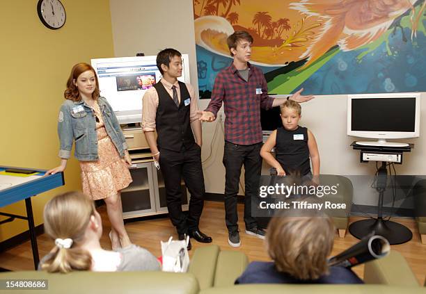 Actors Jane Levy, Osric Chau, Thomas Mann and Jackson Nicoll meet patients at "Fun Size" Special Screening At Children's Hospital Los Angeles at...