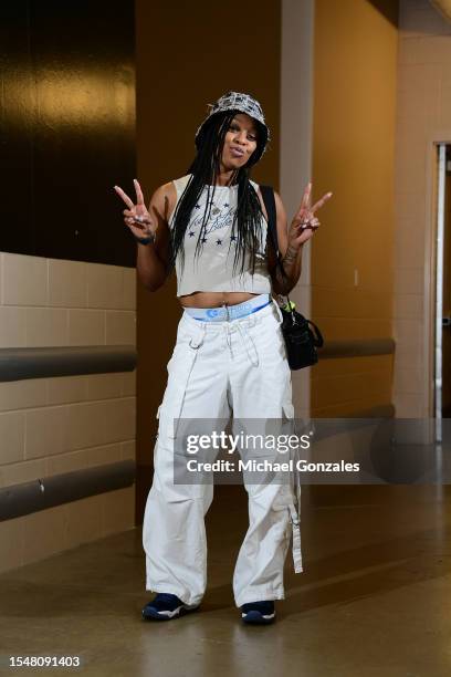 Odyssey Sims of the Dallas Wings arrives to the arena before the game against the Los Angeles Sparks on July 22, 2023 at the College Park Center in...