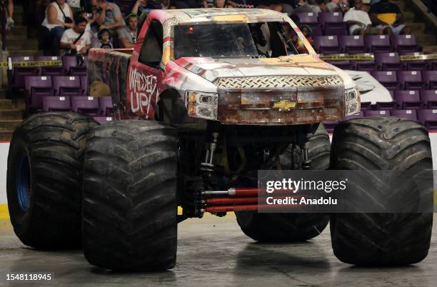 Drivers perform during the 'Monster Trucks All Out Tour' in Brampton, Ontario on July 22, 2023.