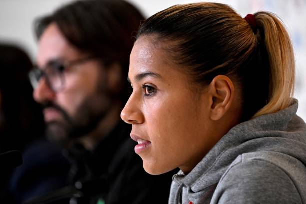 Morocco's captian Ghizlane Chebbak and coach Reynald Pedros take part in a press conference in Melbourne on July 23 on the eve of the Women's World...