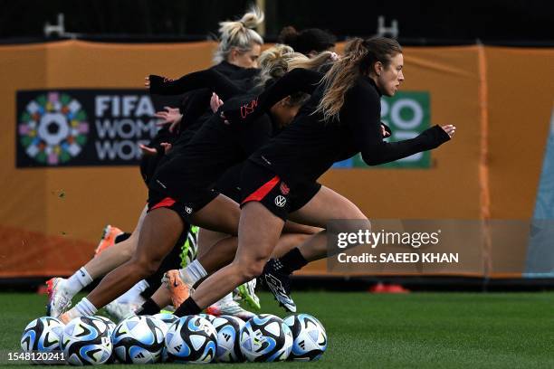 S players attend a training session at the Bay City Park in Auckland on July 23 ahead of their 2023 Women's World Cup football match against...