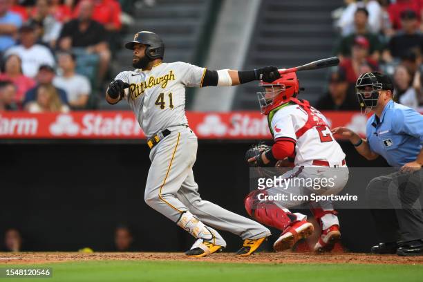 Pittsburgh Pirates first baseman Carlos Santana doubles in a run during the MLB game between the Pittsburgh Pirates and the Los Angeles Angels of...